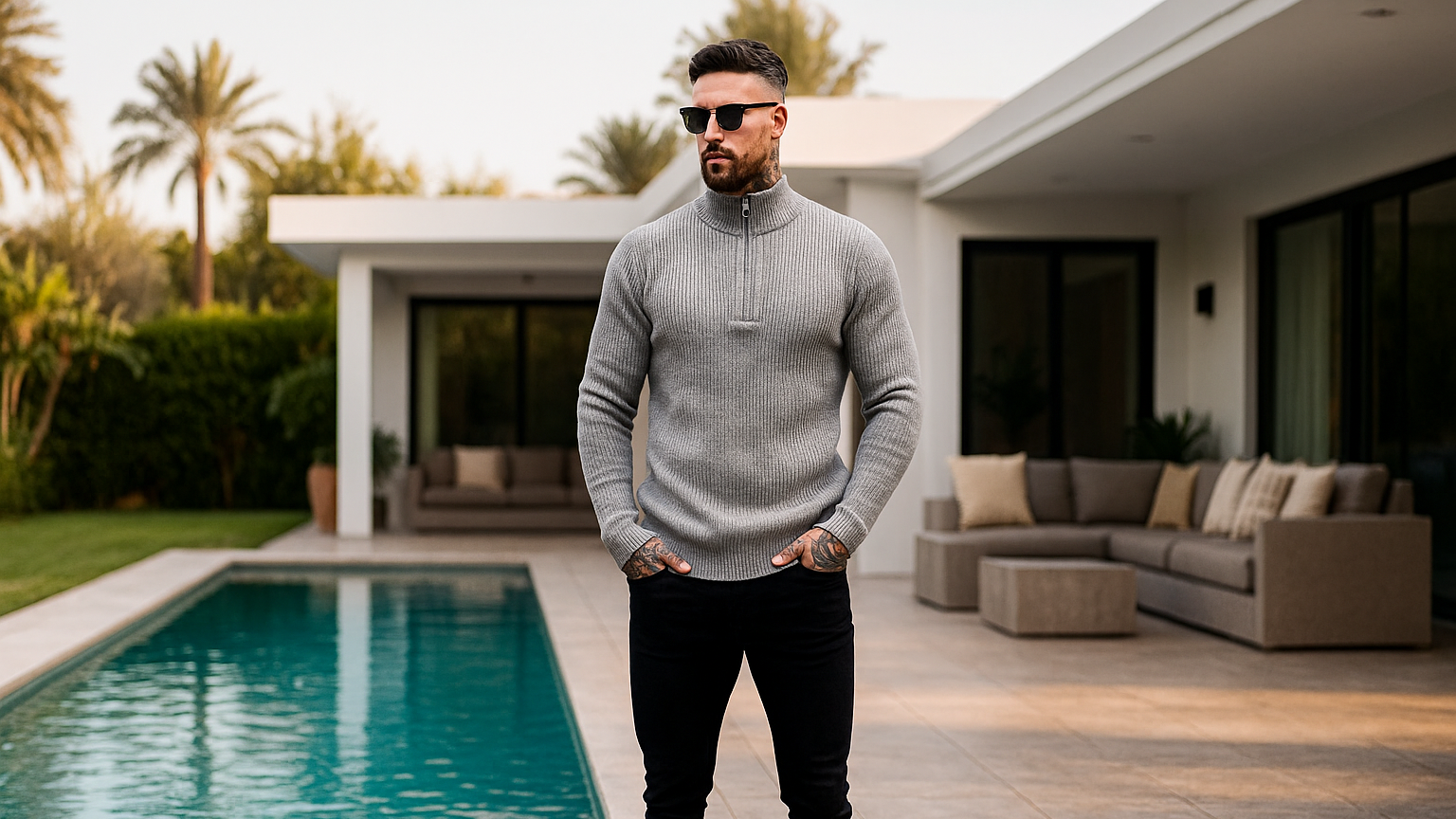 Man standing by a poolside in a modern outdoor setting