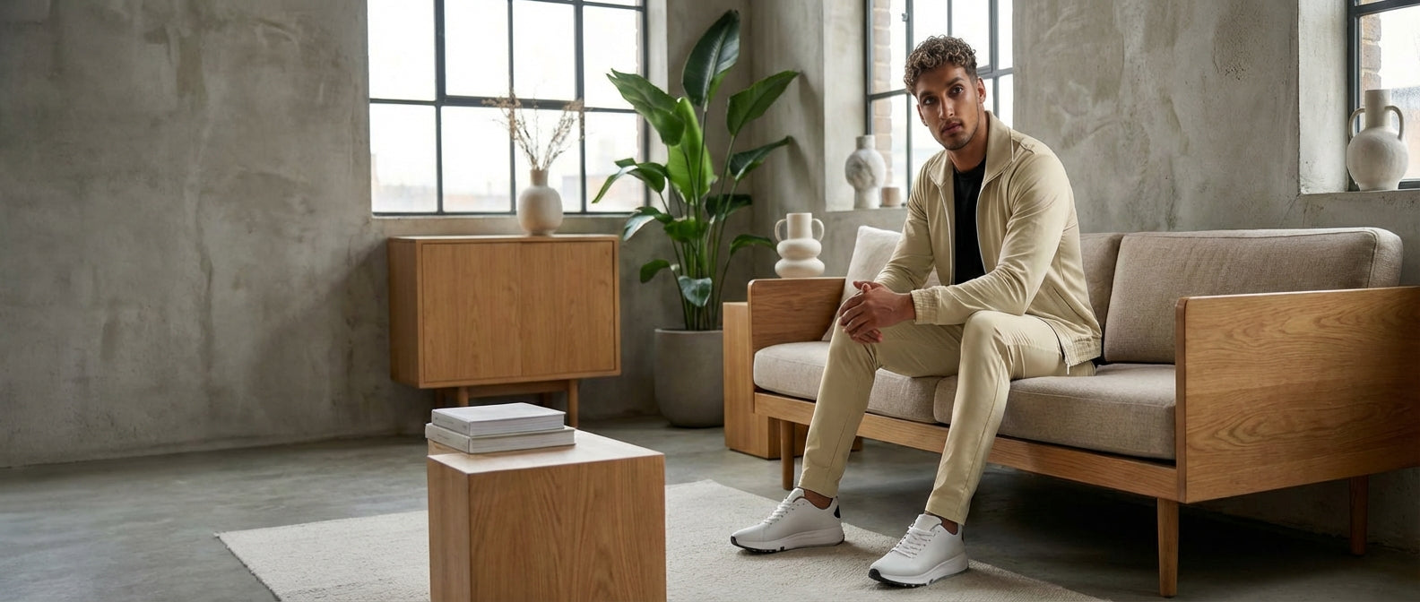 Man sitting on a modern sofa in a stylish living room with wooden furniture and plants.